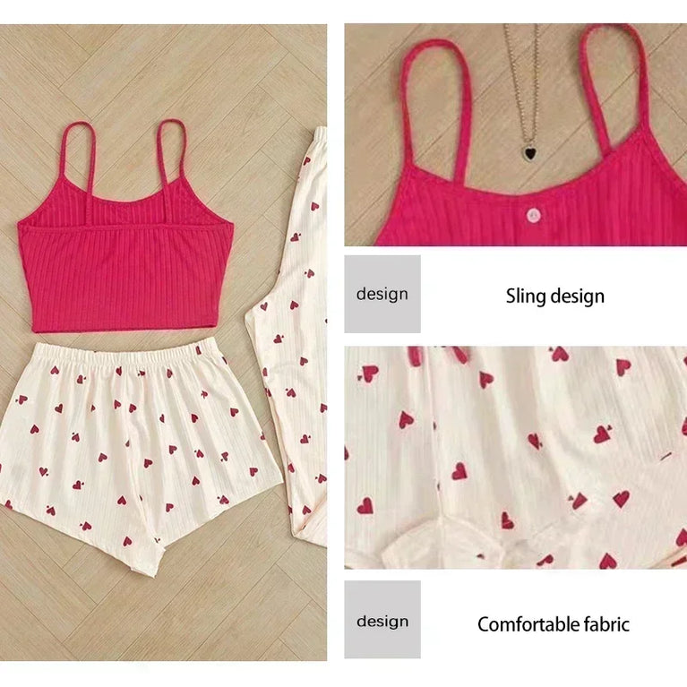 Women’s 3pc Heart Print Pajama Set | Ribbed Cami & Pants