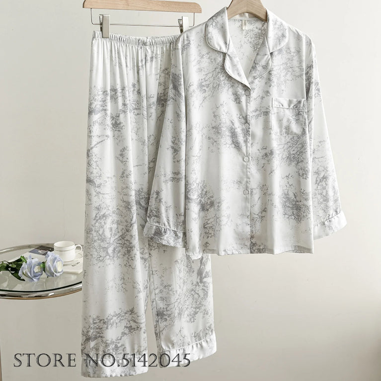 Elegant Floral Satin Pajama Set | Long Sleeve Summer Sleepwear