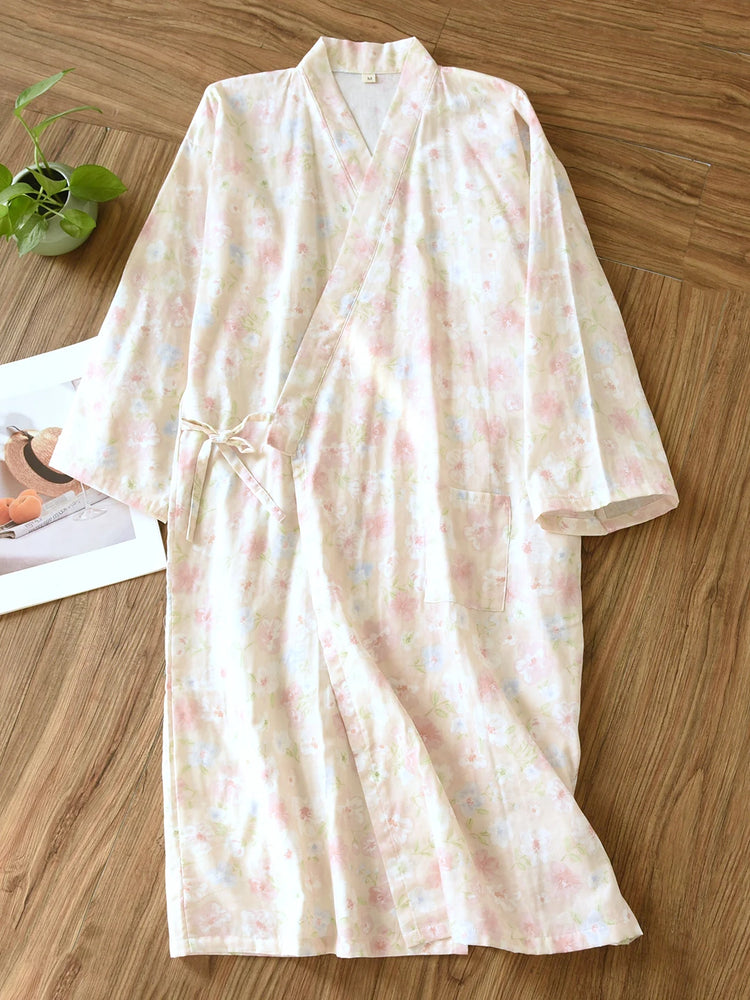 Women's Pure Cotton Floral Robe | Thin Gauze Sleep Gown