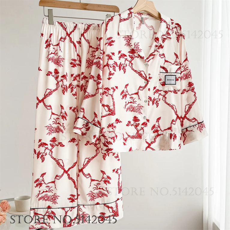 Elegant Floral Satin Pajama Set | Long Sleeve Summer Sleepwear