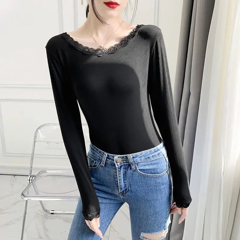 Modal Thermal Top | Lace V-Neck Long Sleeve Base