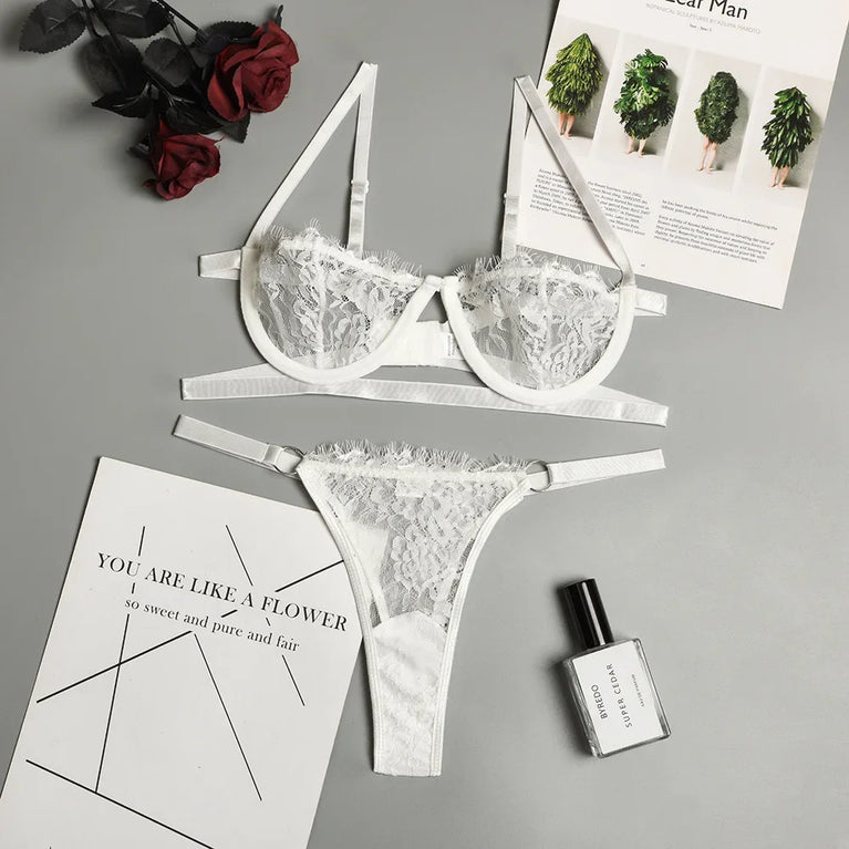 SEXY LACE TRANSPARENT WOMEN LINGERIE SET PUSH UP UNDERWIRE BRIEF SETS EROTIC BRA KIT