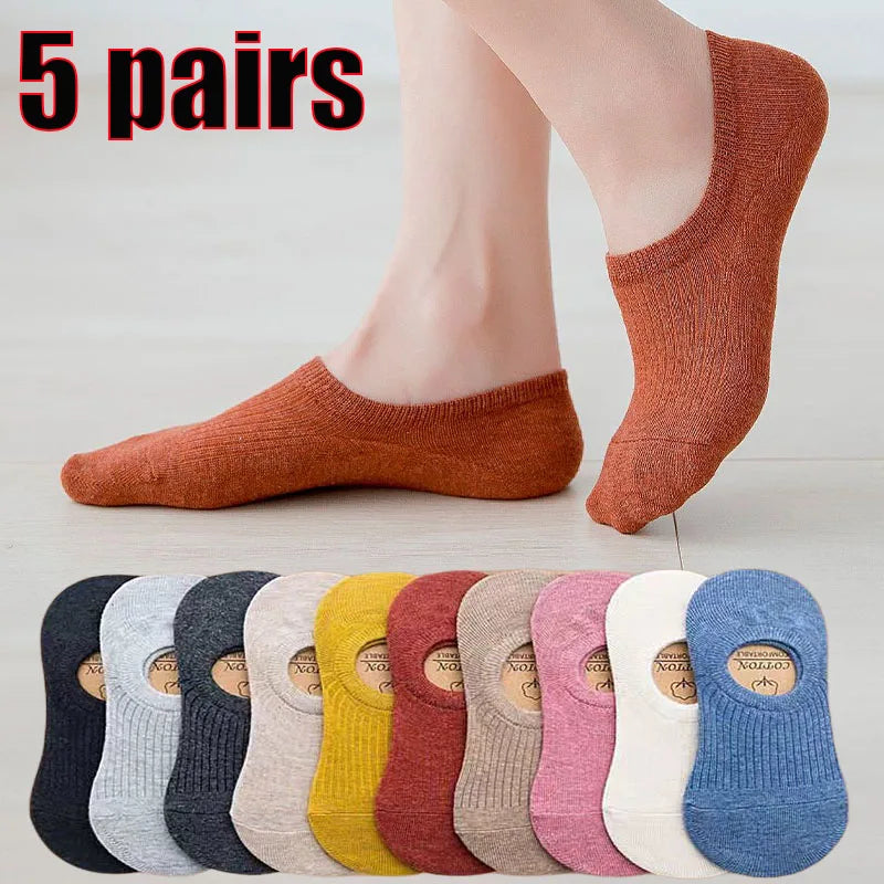 5-Pairs Invisible Boat Socks | Ultra-Thin Non-Slip Cotton Set