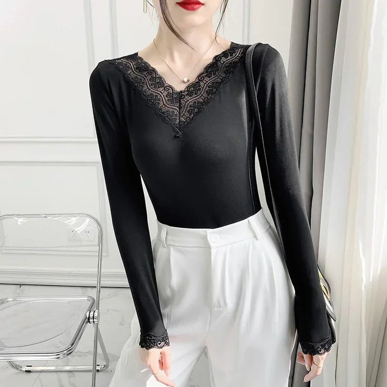 Autumn Long Sleeve Shirt V Neck Thin Blouse Women Top