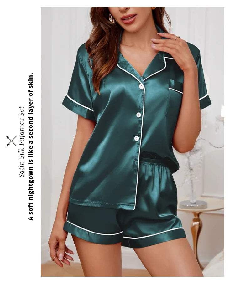 Luxury Satin Pajama Set | Short Sleeve Lapel Home Suit