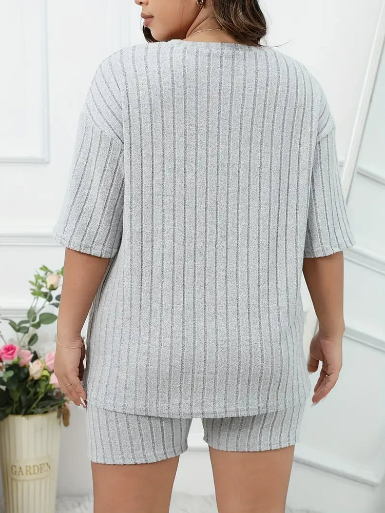 Women’s Plus Size Ribbed Pajama Set | Short Sleeve & Shorts