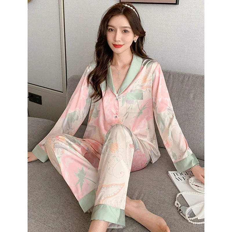 Women’s Floral Faux Silk Pajamas | 2-Piece Lapel Lounge Set