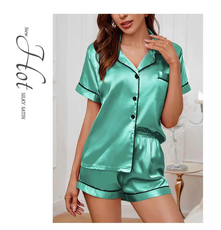 Luxury Satin Pajama Set | Short Sleeve Lapel Home Suit