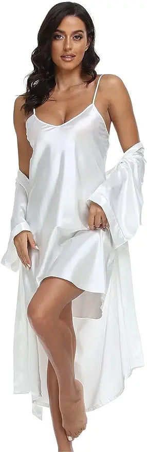 2pc Silk Pajama Set | Satin Robe & Chemise Nightgown