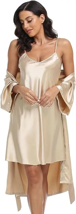 2pc Silk Pajama Set | Satin Robe & Chemise Nightgown