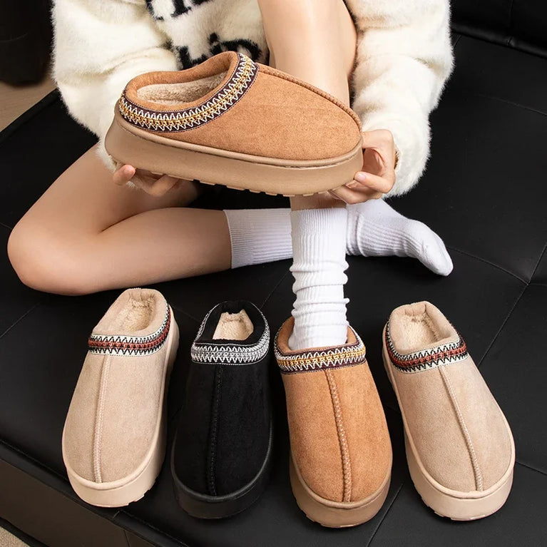 Warm Winter Plush Slippers | Embroidered Anti-Slip Home Shoes