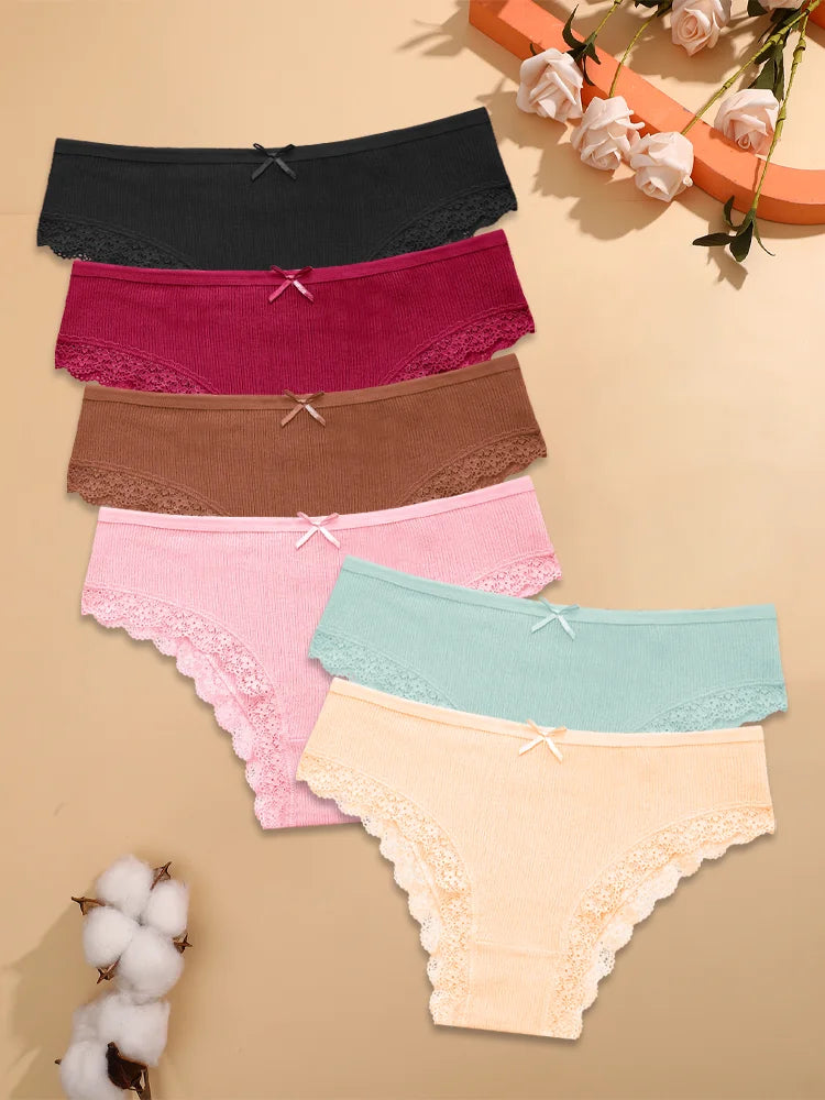 6pc Cotton Lace Panties | Crossed Belt Brazilian Briefs
