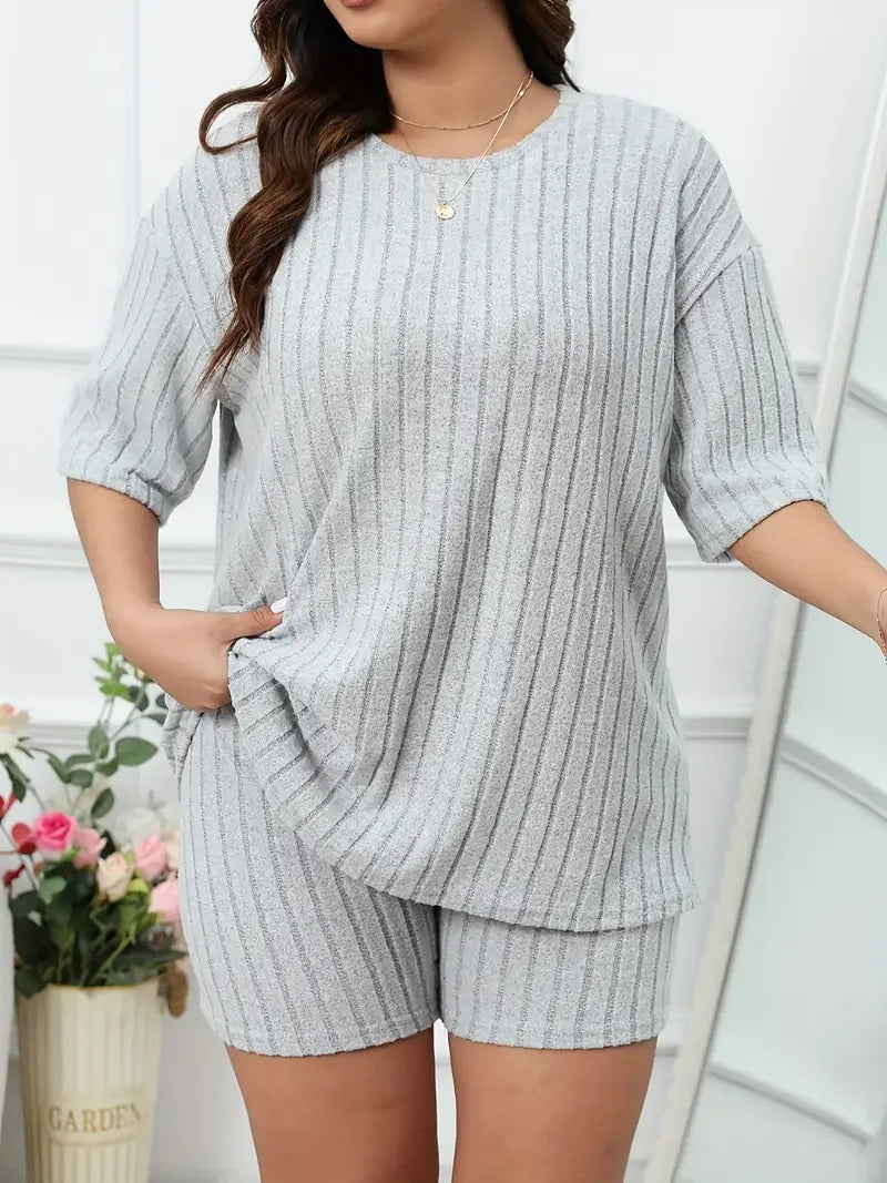 Women’s Plus Size Ribbed Pajama Set | Short Sleeve & Shorts