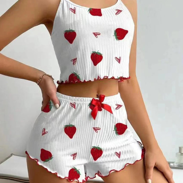 Strawberry Ribbed Knit Pajama Set | Ice Silk Summer Pajamas