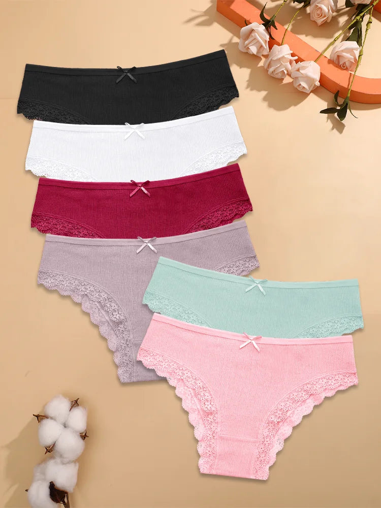6pc Cotton Lace Panties | Crossed Belt Brazilian Briefs