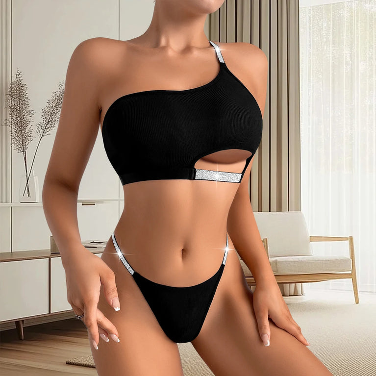 2PCS SEXY WOMEN BRA PANTY SET SHINY ELEGANT BACKLESS LINGERIE SET