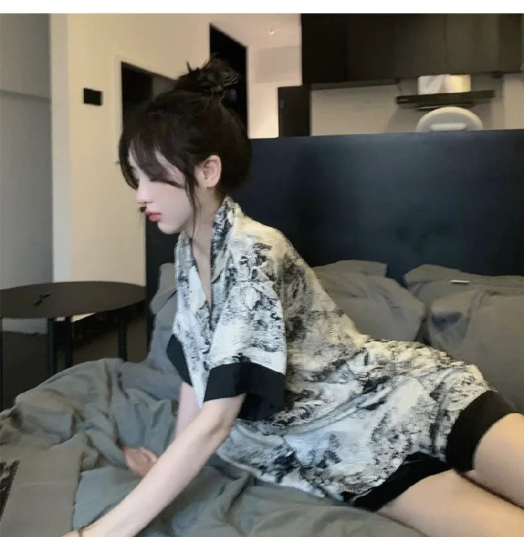 Women’s Ice Silk Sleepwear Set | Sweet Short Sleeve PJs