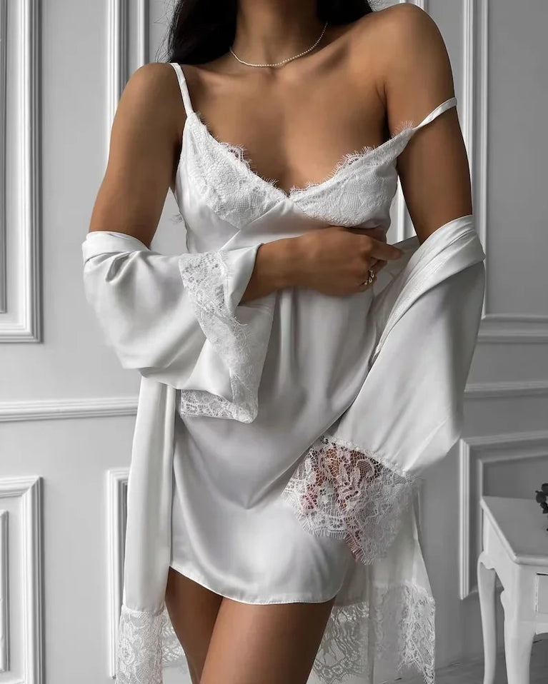 French V-Neck Satin Robe | Silky Lace-Trim Nightgown