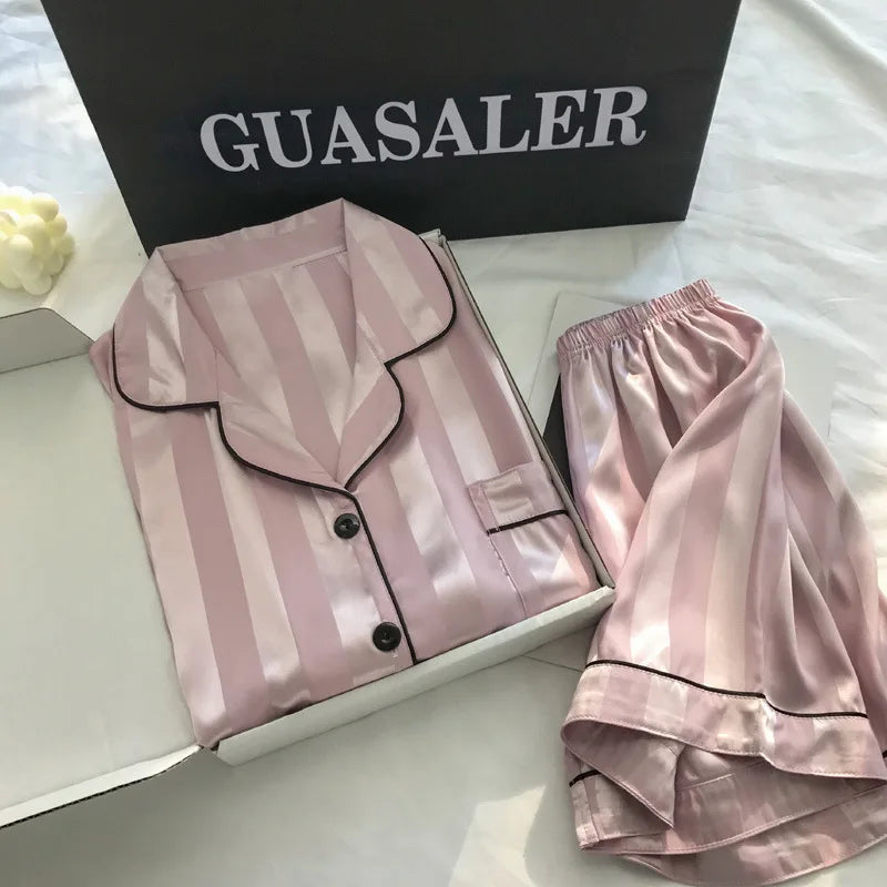 Women’s Satin Striped Pajama Set | Button-Up Short Sleeve