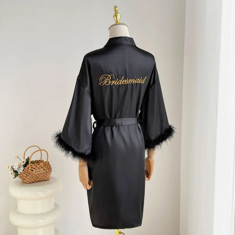 Bridal Satin Robe | Feather-Trim Wedding Kimono