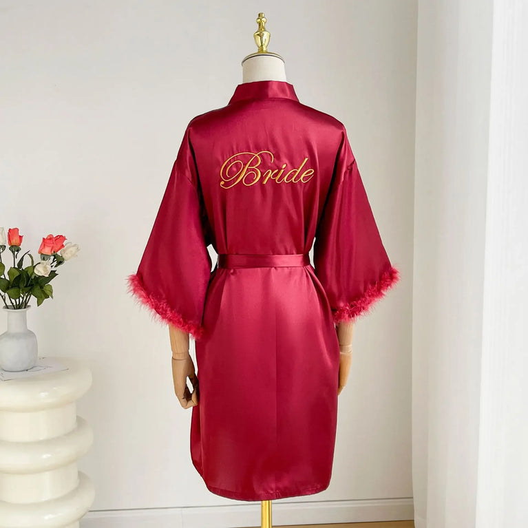 Bridal Satin Robe | Feather-Trim Wedding Kimono
