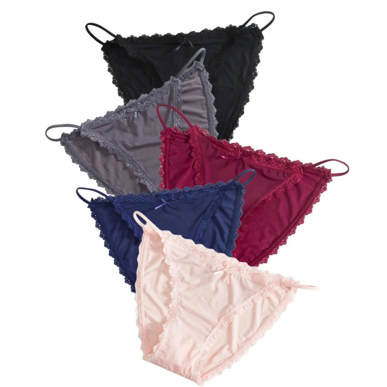5pc Ice Silk Panties | Lace Trim Brazilian Briefs