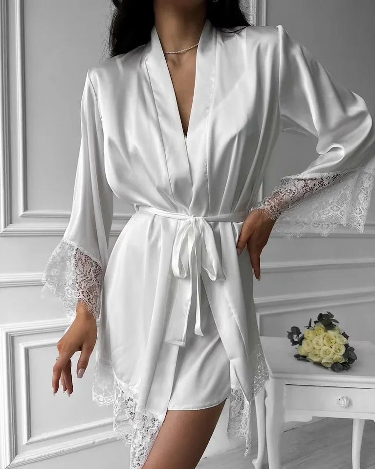 French V-Neck Satin Robe | Silky Lace-Trim Nightgown