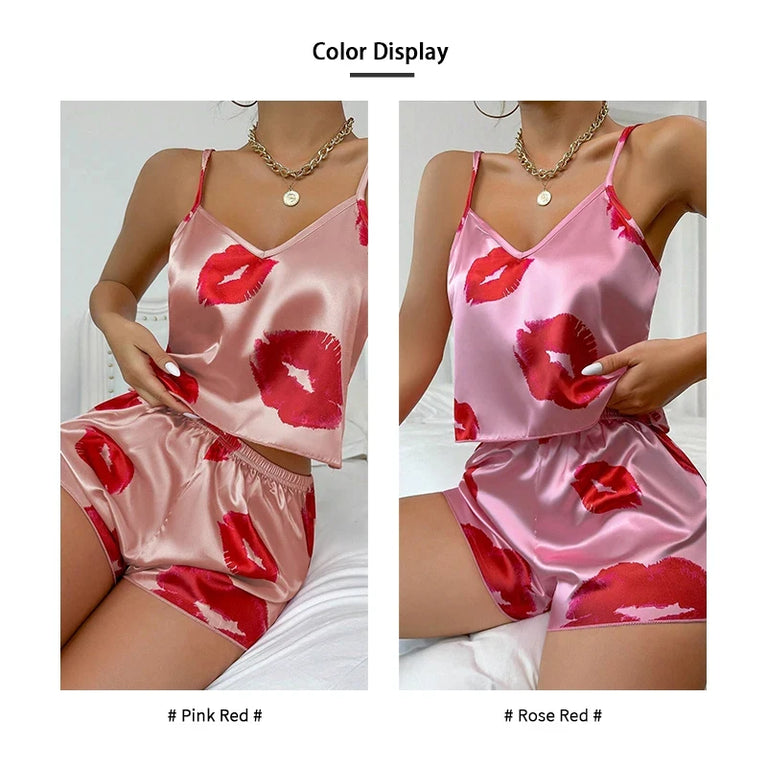 Women’s Satin Heart Pajama Set | V-Neck Cami & Silky Shorts
