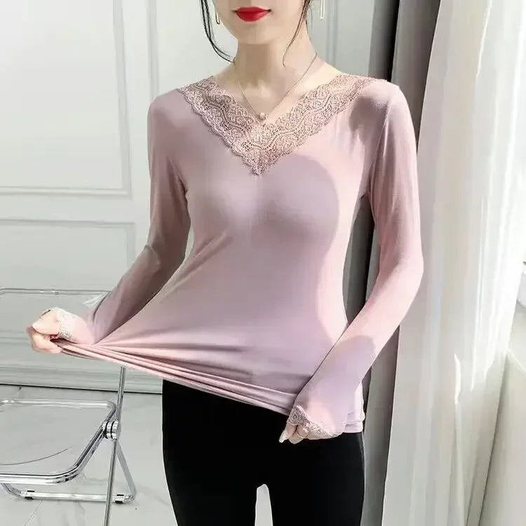 Women’s Thin Modal Thermal Top | Elegant Lace Trim Base Layer
