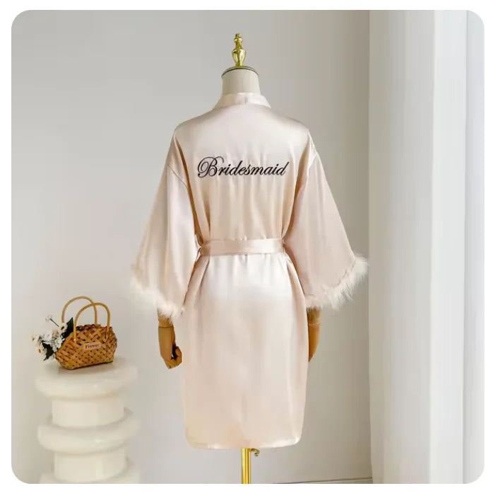 Bridal Satin Robe | Feather-Trim Wedding Kimono