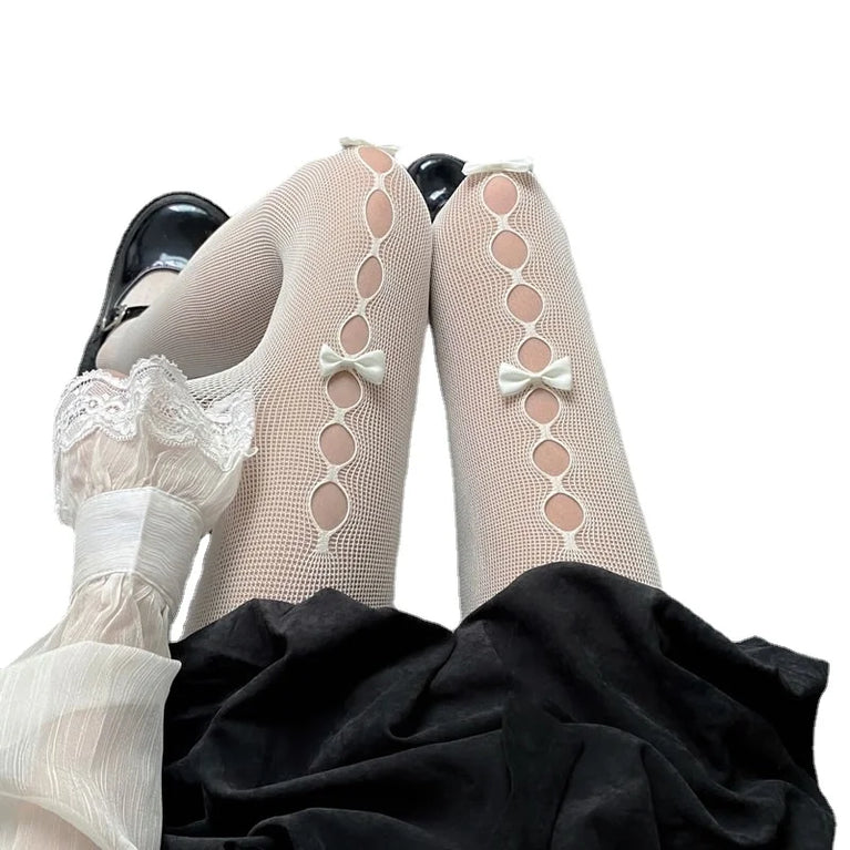 Lolita Bow Fishnet Thigh High Stockings for Women