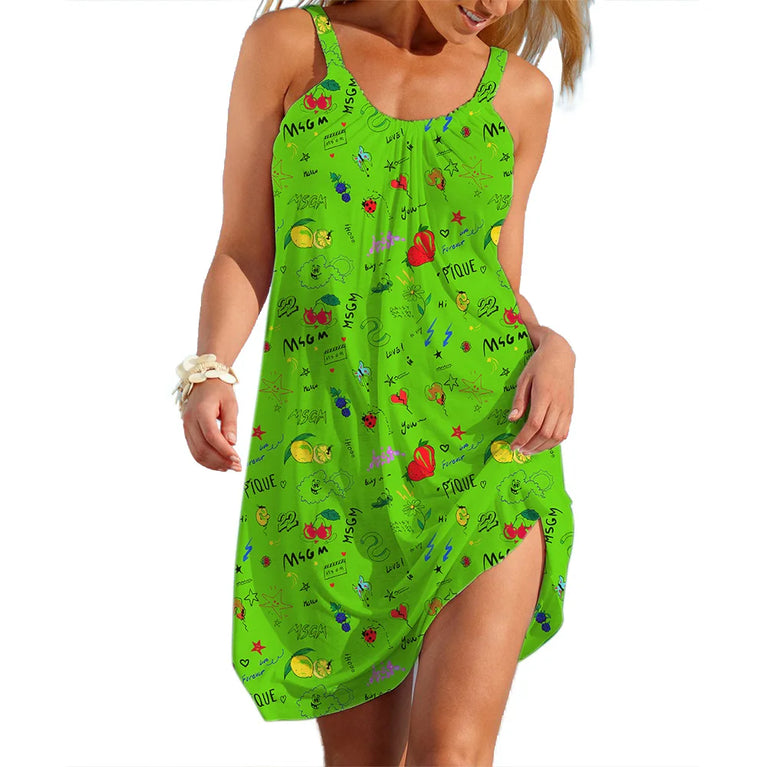 Floral Bow Neck Casual Loose A-Line Sleeveless Summer Slip Dress Knee-Length