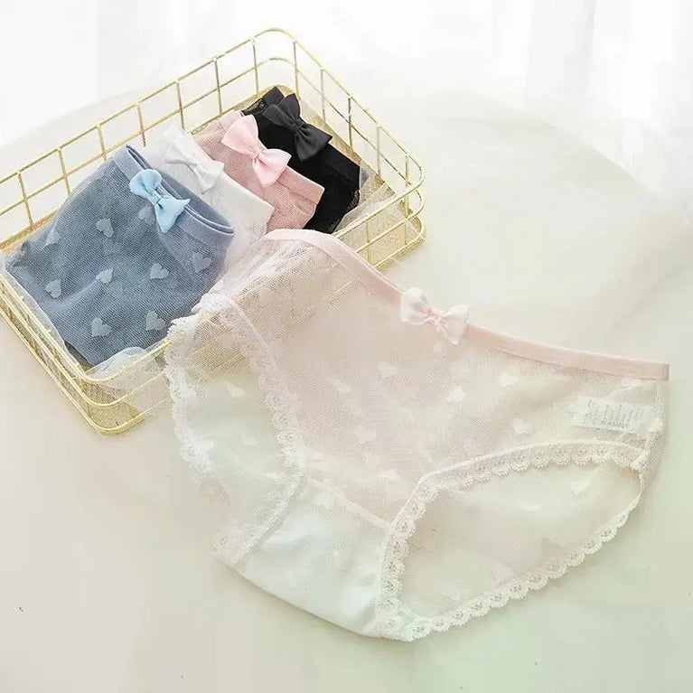 Sweetheart Mesh Briefs | Transparent Bow Heart Panties