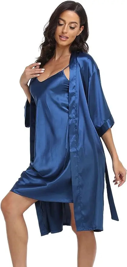 2pc Silk Pajama Set | Satin Robe & Chemise Nightgown