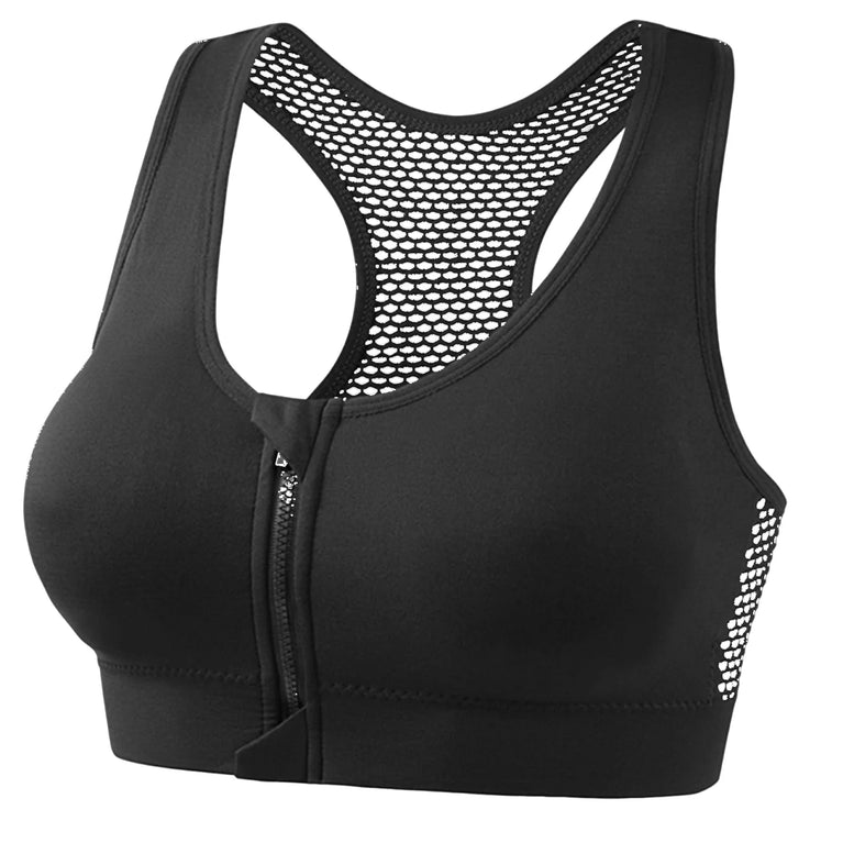 Front-Zipper Breathable Mesh Sports Bra – Wireless High-Ventilation Support