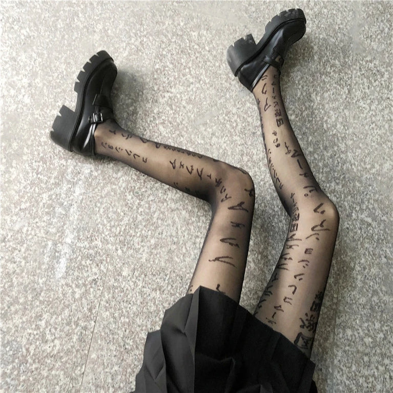 Women Y2K Sheer Letter Print Pantyhose Ultra Thin Sexy Tights