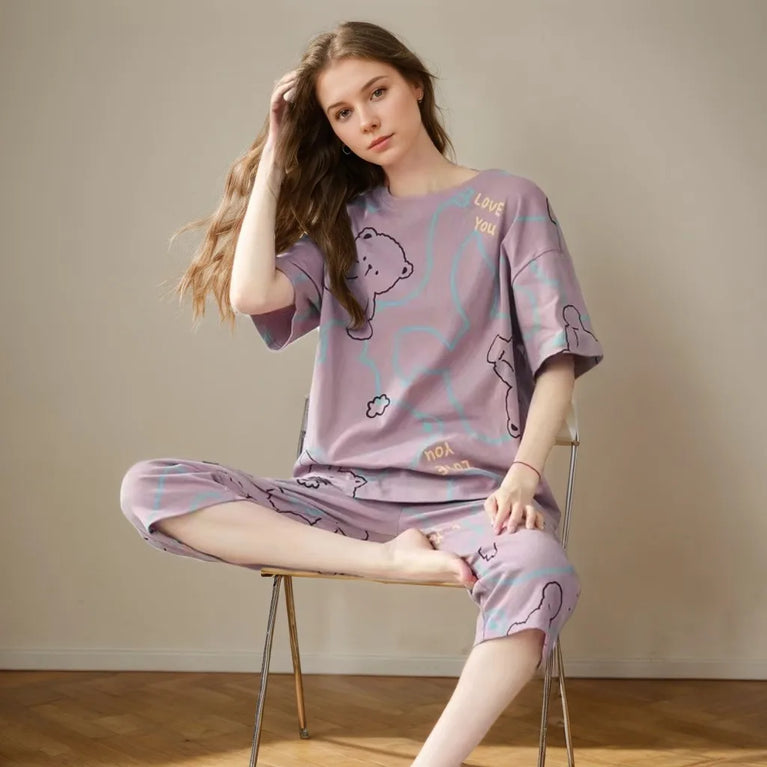 Women’s Summer Pajama Set | Short-Sleeve & Calf-Length Pants