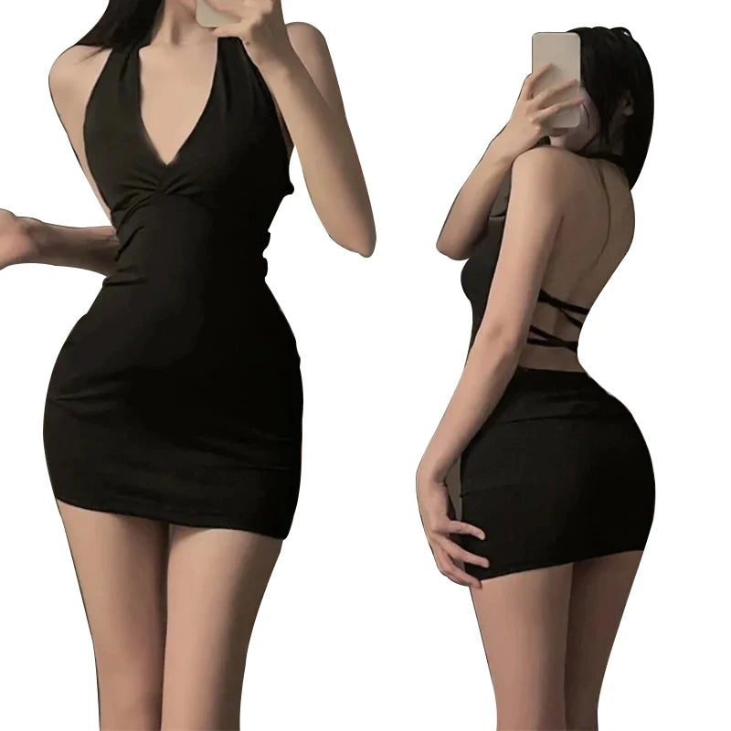 Sexy Halter Backless V-Neck Mini Slip Dress Slim Party Night Outfit