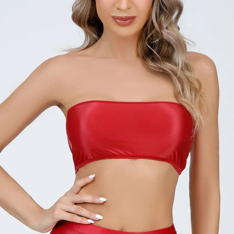 Gemini said Oil Glossy Shiny Strapless Crop Top – High-Stretch Rave Bandeau