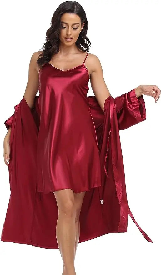 2pc Silk Pajama Set | Satin Robe & Chemise Nightgown