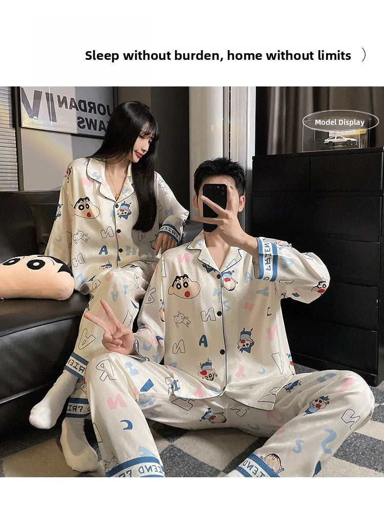 Couples Ice Silk Pajama Set | Cartoon Long-Sleeve Cardigan