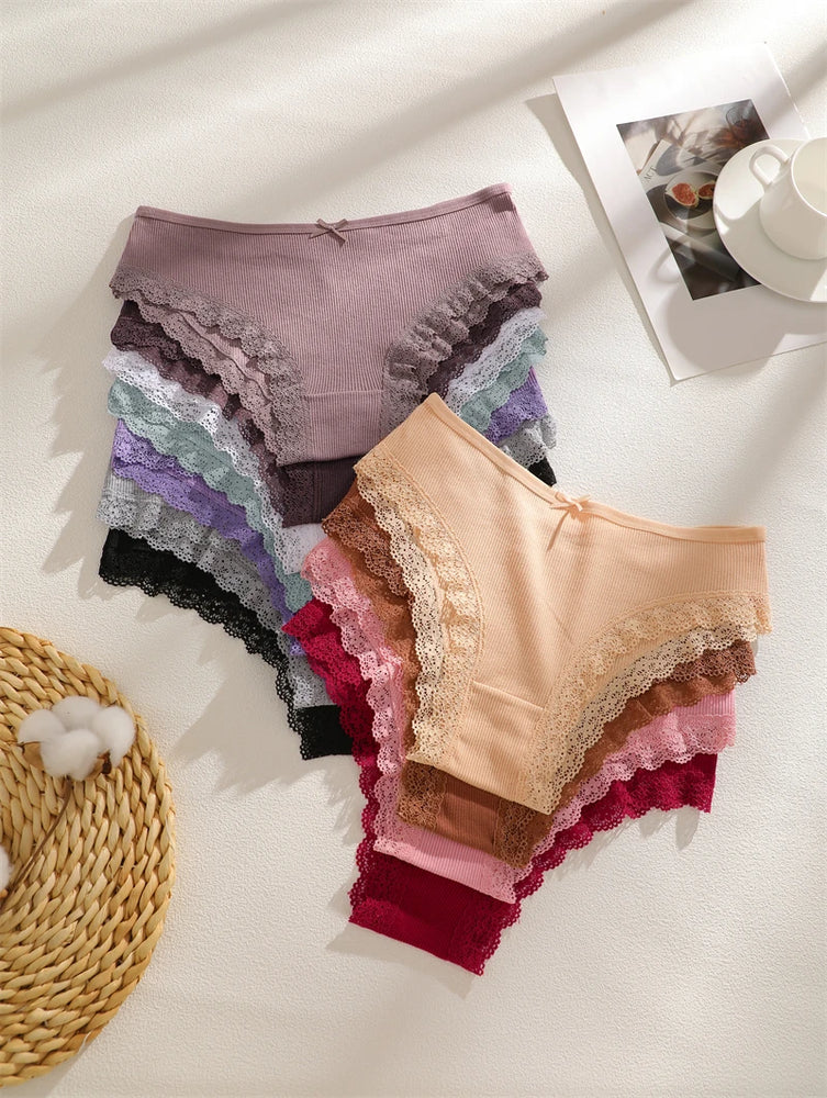6pc Cotton Lace Panties | Crossed Belt Brazilian Briefs