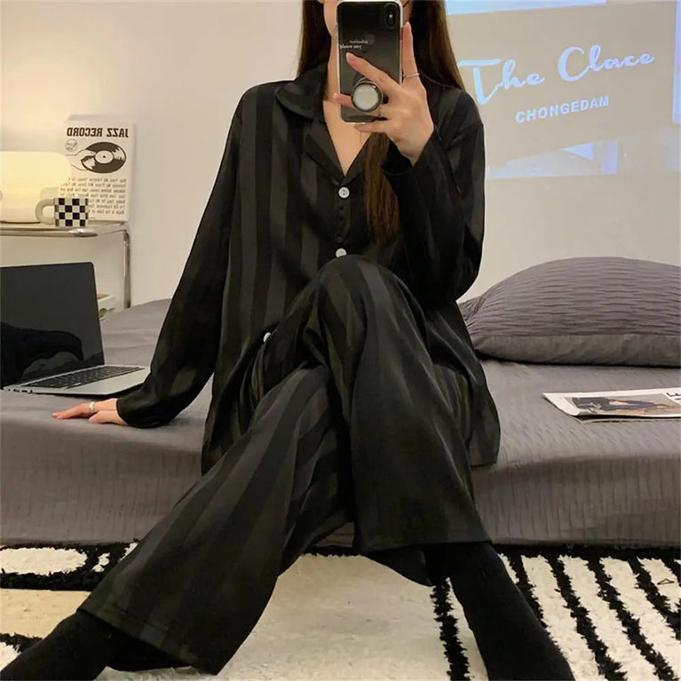 Women's Striped Satin Pajama Set | Long Sleeve Summer Home Suit