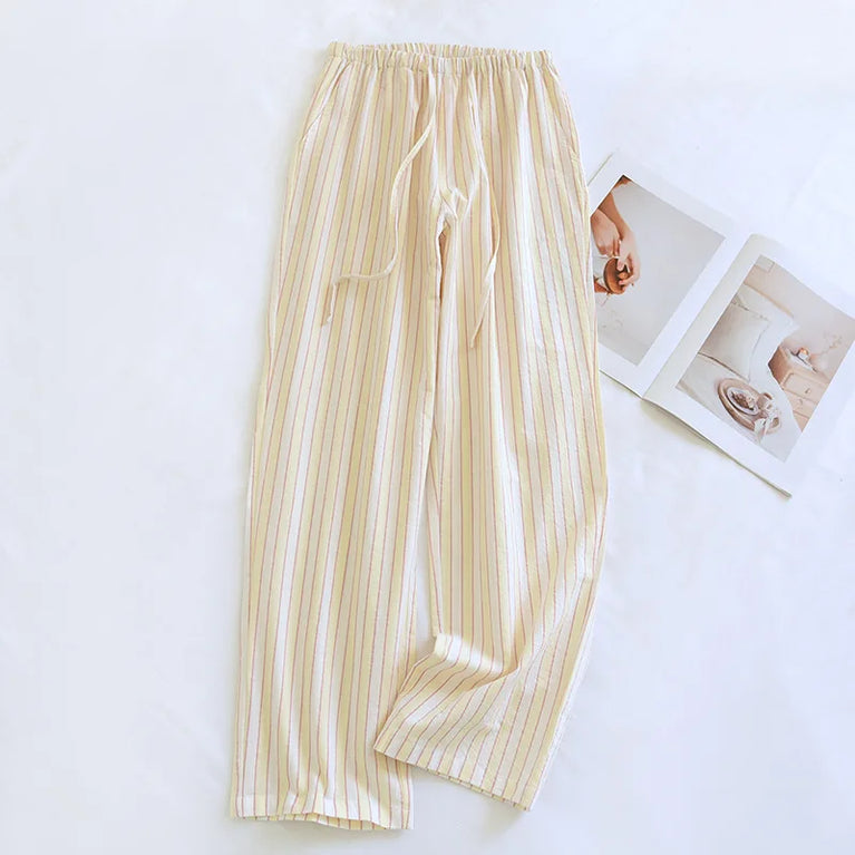 Cotton Gauze Pants | Striped Home Trousers