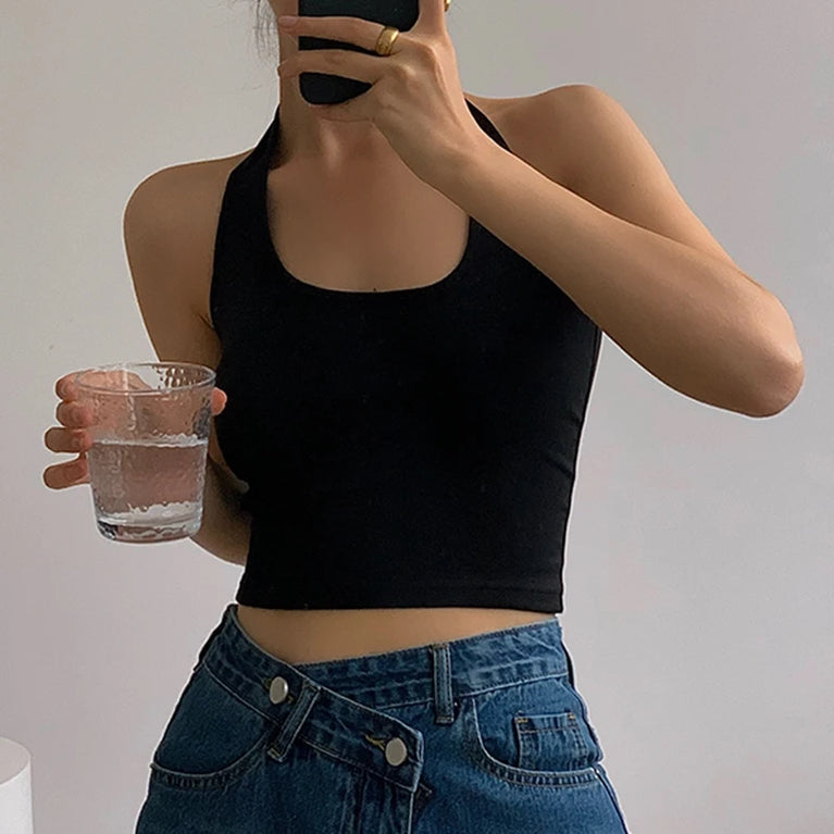 Neck Backless Crop Top | Cotton Streetwear Tank Vest