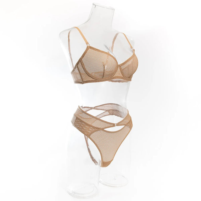 Hollow-Out Mesh Lingerie Set | Khaki See-Through 2-Piece Duo