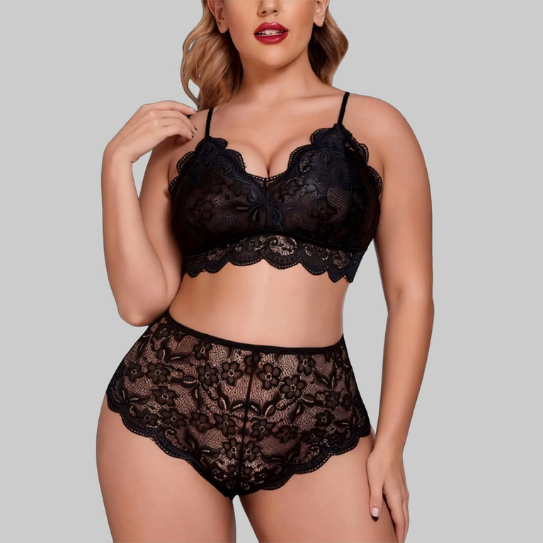 SEAMLESS LACE DEEP V NECK PUSH UP BRA SET HIGH WAIST THONG PLUS SIZE LINGERIE