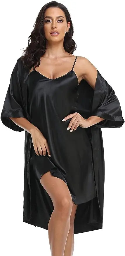 2pc Silk Pajama Set | Satin Robe & Chemise Nightgown