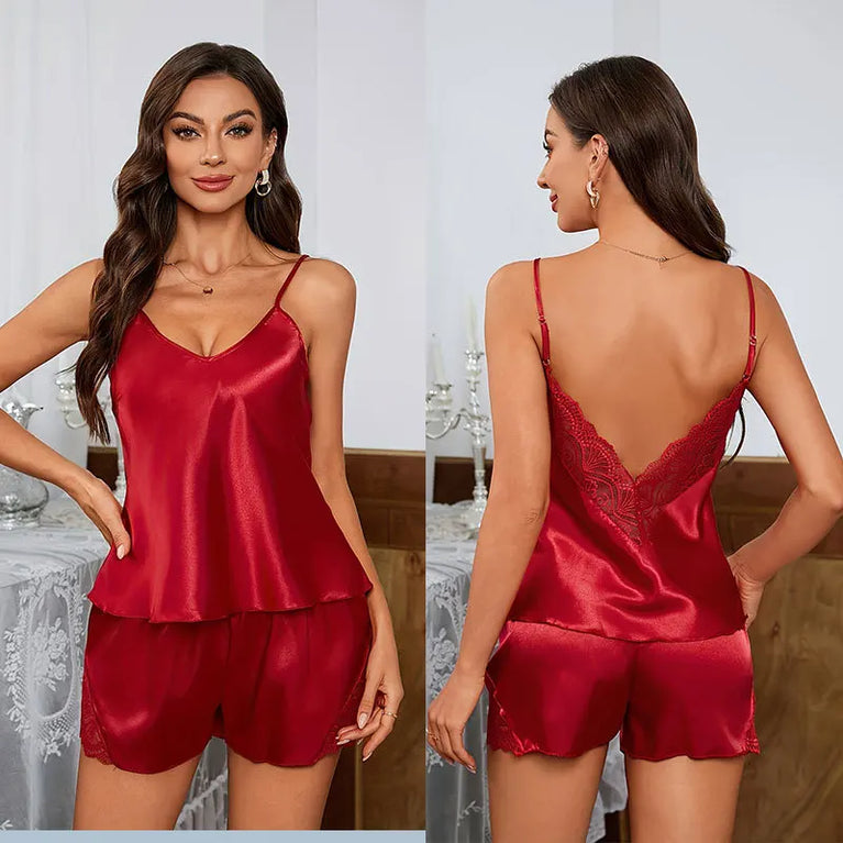 Women’s Luxury Satin Pajama Set | Sexy Deep V Lace Cami
