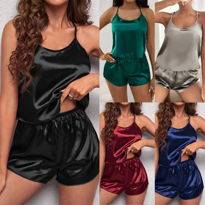 Women’s Silk Satin Pajama Set – Sexy Lace Sleeveless Top & Matching Shorts 2-Piece Nightwear Suit